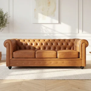 Canapé Chesterfield Vente-unique.com camel en cuir capitonné avec accoudoirs