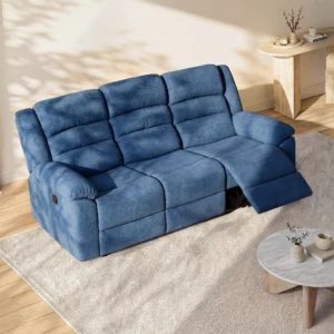 Canapé relax électrique BUROLO bleu avec accoudoirs et dossier inclinable
