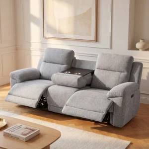 Canapé relax KELUNO gris chiné avec tablette, ports USB et porte-verres intégrés