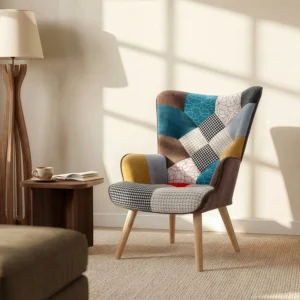 Fauteuil VATELY multicolore en tissu patchwork, dossier capitonné et piètement en bois