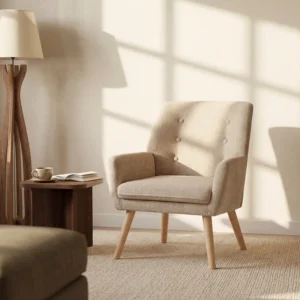 Fauteuil Vente-unique.com SERINO beige à dossier capitonné et pieds en bois