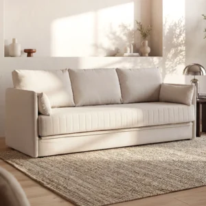 Canapé convertible GRECCO beige à trois places avec accoudoirs et coussins