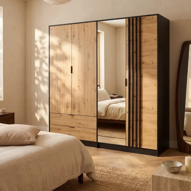 Armoire TUNALO noire et naturelle avec miroir, quatre portes et deux tiroirs