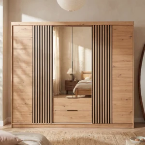 Armoire SIDOVIA naturelle à quatre portes, deux tiroirs et miroirs intégrés