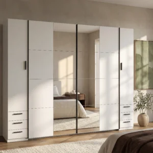Armoire ARVOLIA blanche avec quatre portes, six tiroirs et miroirs intégrés
