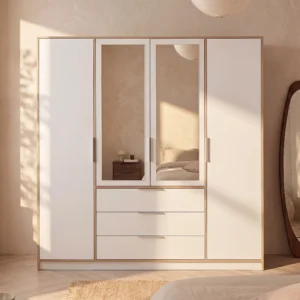 Armoire LAMIKI naturelle et blanche avec quatre portes, tiroirs et miroirs
