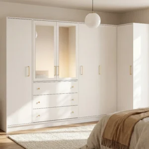 Armoire LIZANDRO blanche avec module d’angle, portes, tiroirs et miroirs
