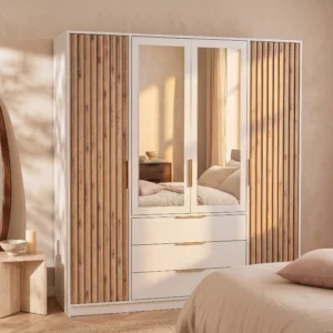 Armoire LIRMADA naturelle et blanche avec quatre portes, tiroirs et miroirs