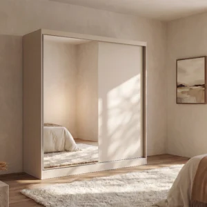 Armoire OCHIRA beige à deux portes coulissantes avec miroir pleine hauteur