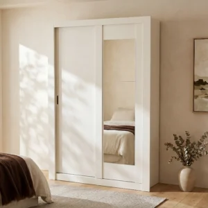 Armoire PETTERI blanche à deux portes coulissantes, miroir et deux tiroirs