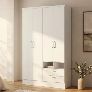 Armoire ODILON blanche laquée avec portes battantes et deux tiroirs