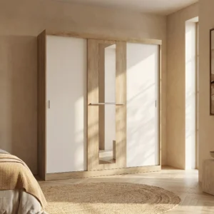 Armoire DIDDA II à trois portes coulissantes, miroir et finition naturelle