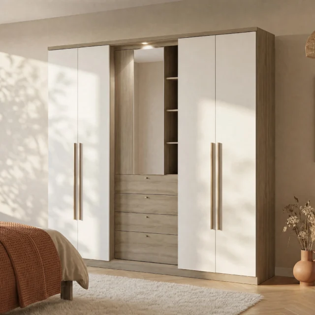 Armoire ISAK II chêne et ivoire avec quatre portes, miroir et tiroirs