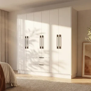 Armoire FEOVA blanche à six portes, deux tiroirs et quatre penderies
