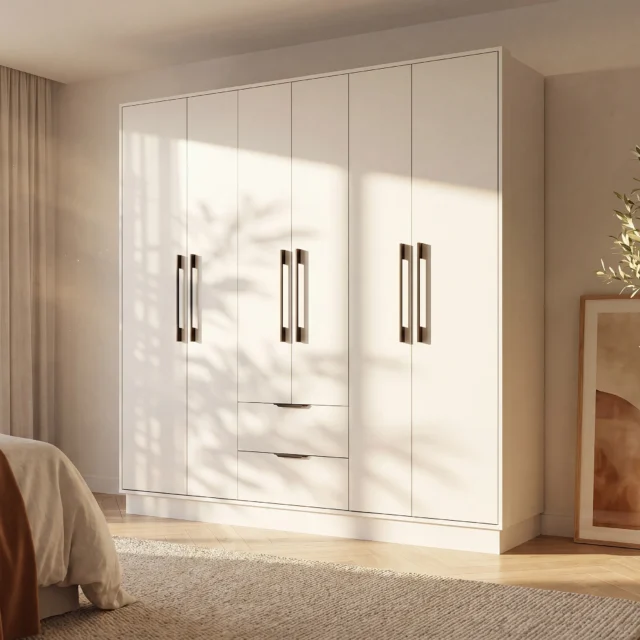 Armoire FEOVA blanche à six portes, deux tiroirs et quatre penderies