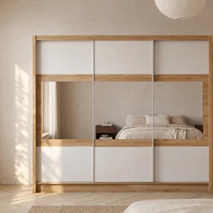 Armoire LEOVIA à trois portes coulissantes, coloris naturel et blanc, avec miroirs