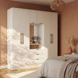 Armoire ELORIO blanche à six portes, trois tiroirs et miroir intégré