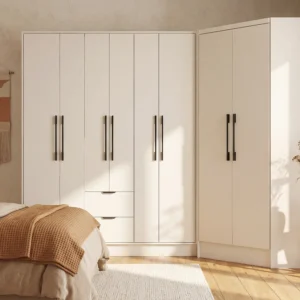 Armoire d'angle FEOVA blanche avec huit portes et deux tiroirs