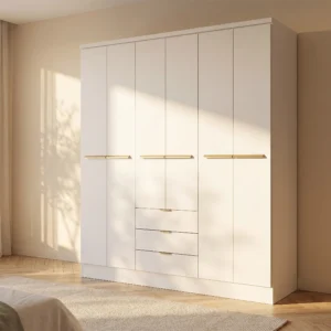 Armoire PEROLI blanche à six portes, trois tiroirs et deux penderies