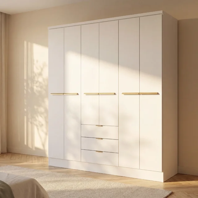Armoire PEROLI blanche à six portes, trois tiroirs et deux penderies