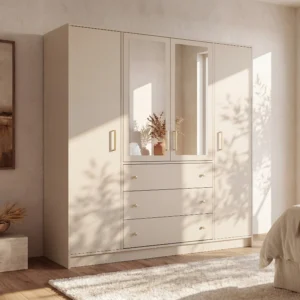 Armoire LIZANDRO beige et dorée avec quatre portes et miroirs