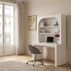Bureau bibliothèque CYMORA blanc avec plateau de travail et deux étagères