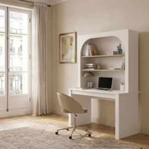 Bureau bibliothèque CYMORA blanc et naturel avec deux étagères intégrées