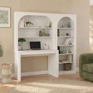 Bureau bibliothèque CYMORA blanc avec deux étagères et six niches intégrées