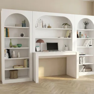 Bureau bibliothèque CYMORA blanc avec plateau central, étagères et niches