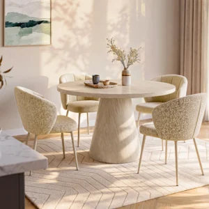 Table à manger LARIOZA beige avec finition effet travertin en MDF