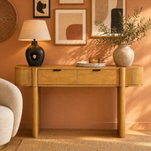Bureau console MELYRAN en manguier naturel avec deux tiroirs et piètement bois