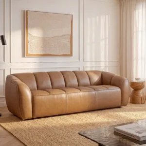 Canapé PRADONI trois places en cuir camel avec assise et dossier matelassés