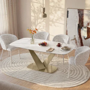 Table PORELIMA blanche à effet marbre avec piètement métallique doré