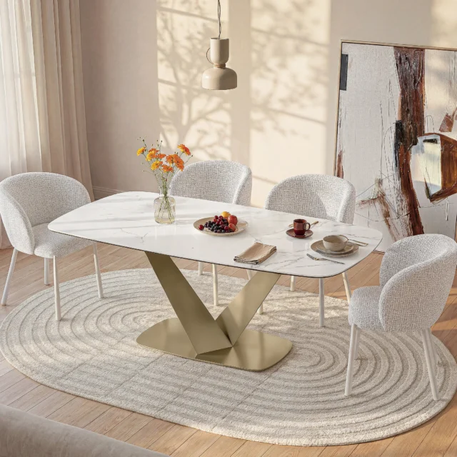 Table PORELIMA blanche à effet marbre avec piètement métallique doré