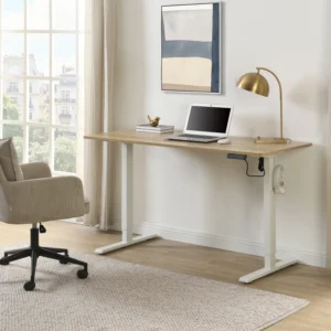 Bureau assis-debout ELAVANO naturel et blanc avec plateau réglable électriquement