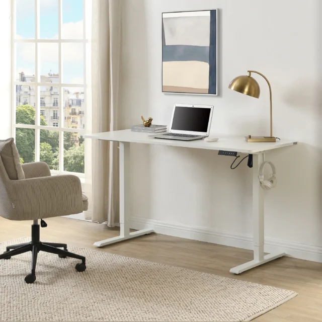 Bureau assis-debout ELAVANO blanc avec plateau réglable et piètement métallique