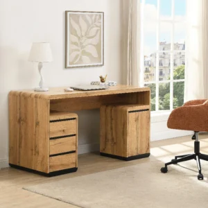 Bureau SERGUEI en MDF naturel et noir avec trois tiroirs et une porte