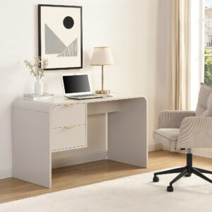 bureau ORALINO beige avec deux tiroirs coulissants et poignées dorées à façade laquée