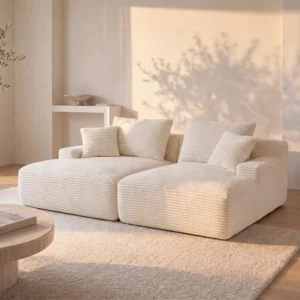 Canapé DONILIA beige en velours côtelé, à assise profonde et accoudoirs