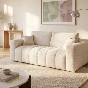 Canapé ISSORO beige en tissu bouclette, convertible avec coussins inclus