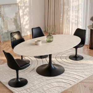 Table ELVA Maison Céphy ovale, plateau beige effet travertin et piètement noir