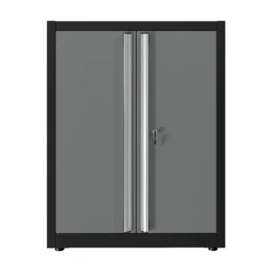 Armoire basse ATELIOR en acier gris anthracite avec deux portes et étagères