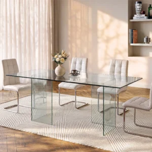 Table à manger COLEDON en verre trempé courbé, prévue pour huit convives