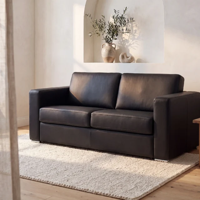 Canapé 3 places convertible express en cuir de buffle noir - Couchage 140 cm - Matelas 14 cm CALITO