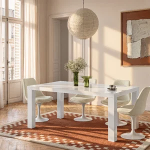 Table à manger MONICA en MDF blanc laqué prévue pour six convives