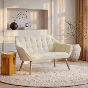 Canapé CASERTA deux places beige matelassé avec accoudoirs et pieds en bois