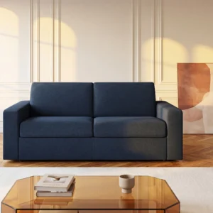 Canapé COGLIO bleu nuit convertible trois places avec accoudoirs et couchage intégré