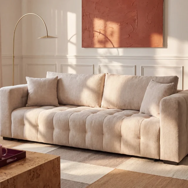 Canapé convertible PANILO beige à tissu texturé et assise matelassée