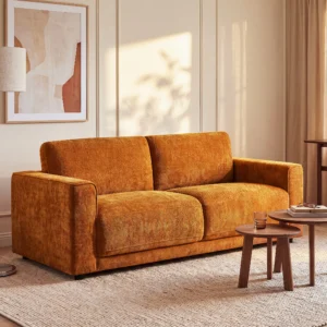 Canapé NETUSO trois places terracotta en tissu texturé avec pieds en métal