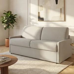 Canapé convertible CALIFE beige trois places avec matelas à mémoire de forme